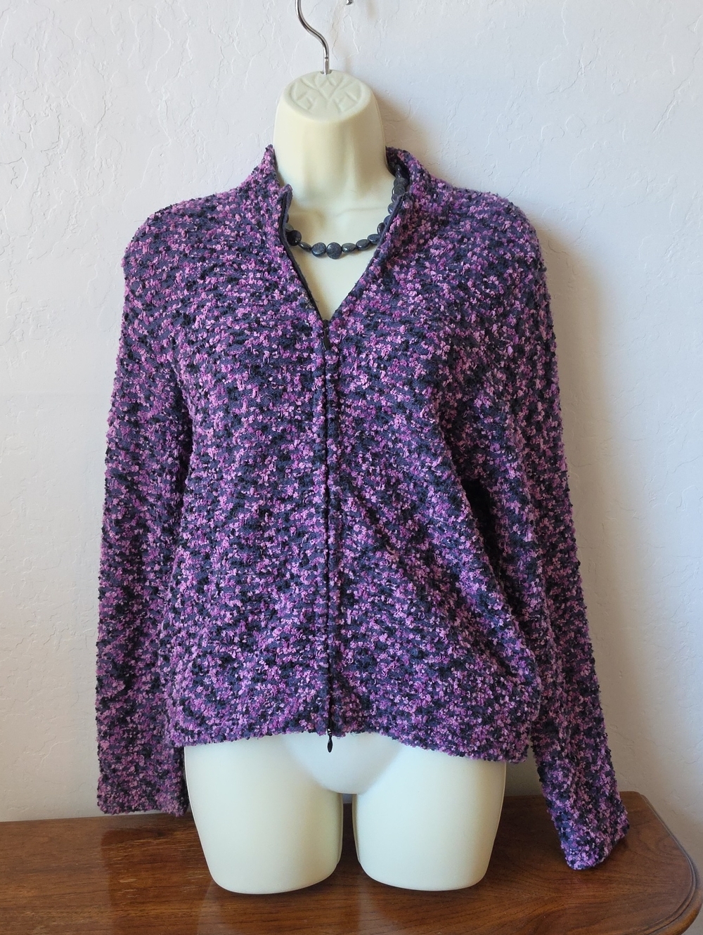 Jones New York Purple Bouclé Zip-Front Cardigan